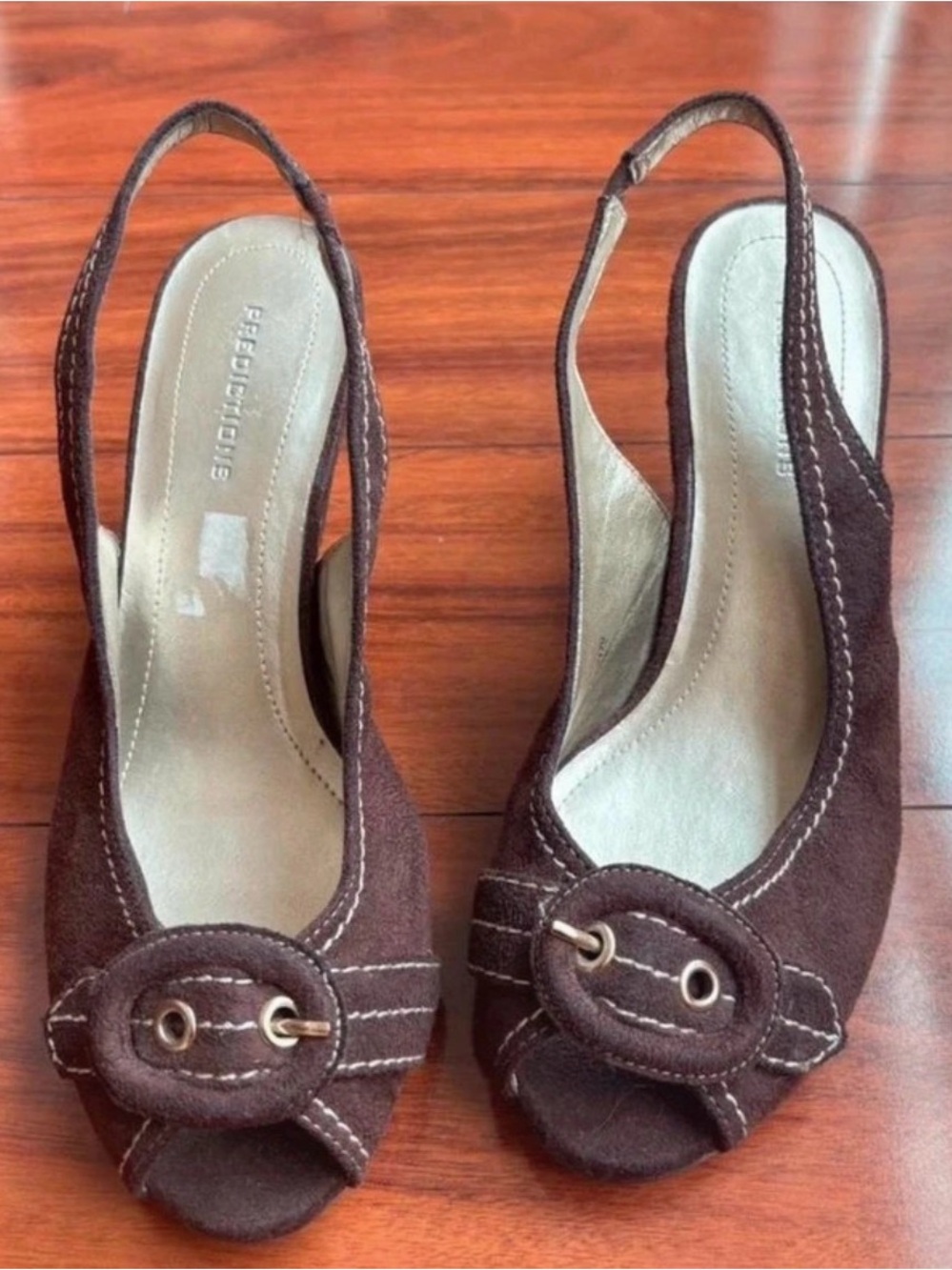 Predictions Brown Suede Slingback Peep-Toe Heels with Buckle Accent